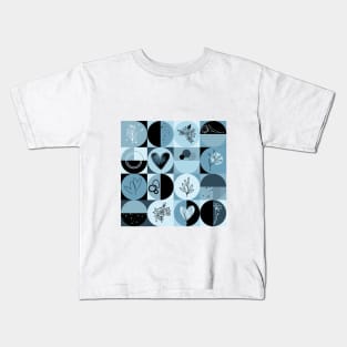 repeating geometry pattern, squares and circles, ornaments, black blue color tones Kids T-Shirt